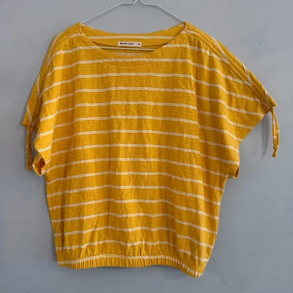Marine Layer Blaine Cinch Women's Top in Yellow and White Stripes - Picture 3 of 7